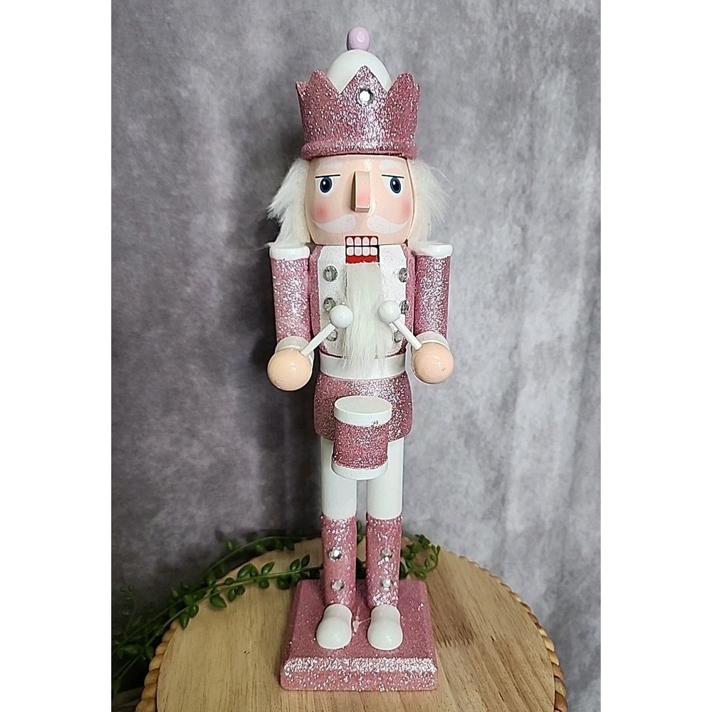 Pink‎ White Drummer King Guard Nutcracker Glitter Wooden 14" Christmas NEW